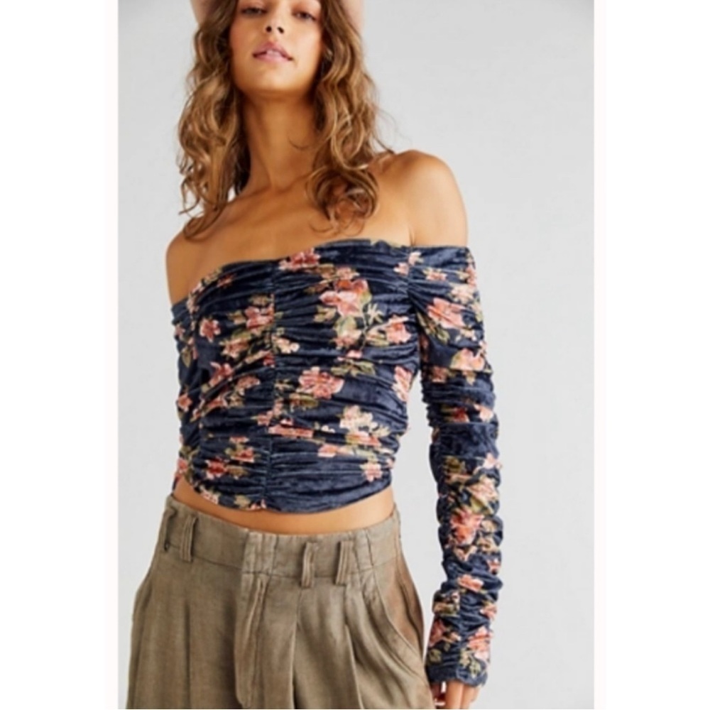 Free People Reina Top Floral Velvet Ruched Off Shoulder